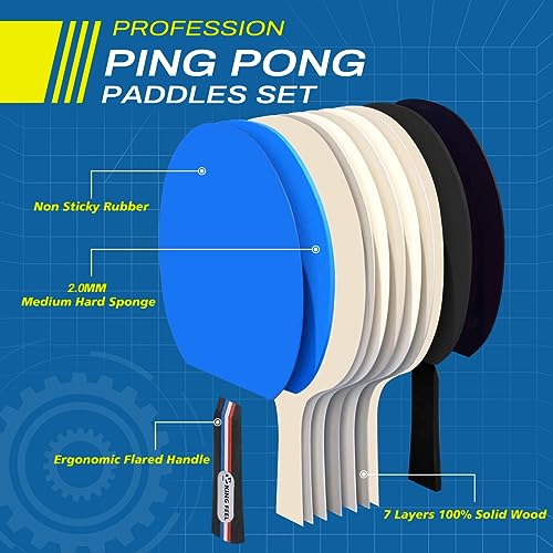 Blue Premium Table Tennis Paddles Set of 4 with 8 Balls & Case – Indoor & Outdoor
