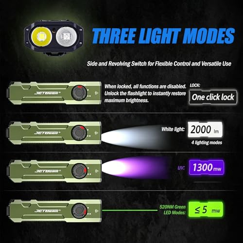 Green 2000LM Tactical E26 Flat Flashlight with UV and Green LED Model, 165m Beam