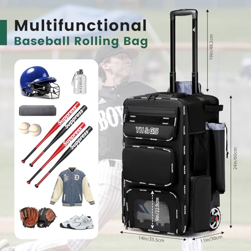 Black Wheeled Baseball Bag with Fence Hook & Shoe Compartment - Lightweight, Large Capacity