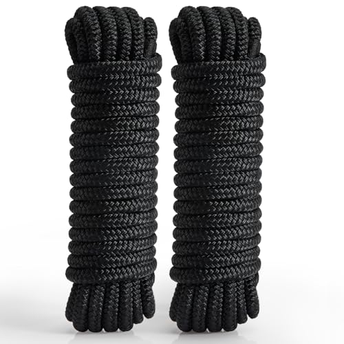 2 Pack 1/2" x 20' Nylon Dock Lines - Marine-Grade Boat Ropes, Black