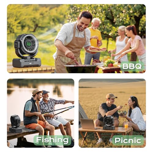 Rechargeable Camping Fan with LED Lantern, 120° Oscillation, Power Bank