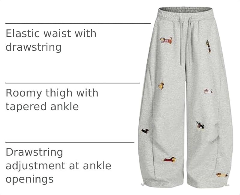 Vamtac X-Small Gray Embroidery Puppy Baggy Sweatpants - Wide Leg Casual Drawstring Unisex Y2K Style