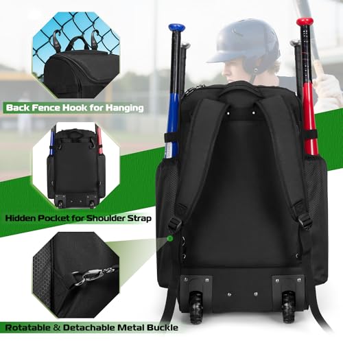 Rolling Baseball Backpack with Wheels & Multiple Compartments - Holds 4 Bats