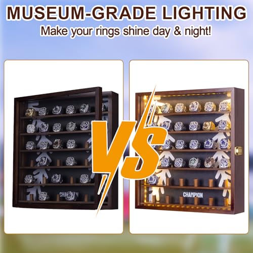 Wooden Championship Ring Display Case with LED Lights, Wall Mount, Holds 36 Rings