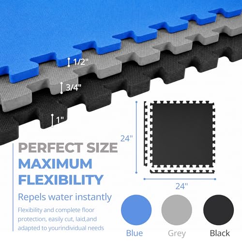 HulkFit Black Interlocking Exercise Mat Set, 36 Tiles, 144 sq ft, Foam Gym Flooring for Home & Garage Workouts