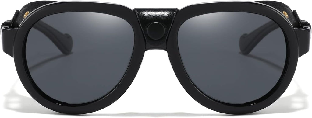 Skiennix Retro Aviator Steampunk Sunglasses - Polarized Vintage Goggles with Leather Side Shields for Men & Women