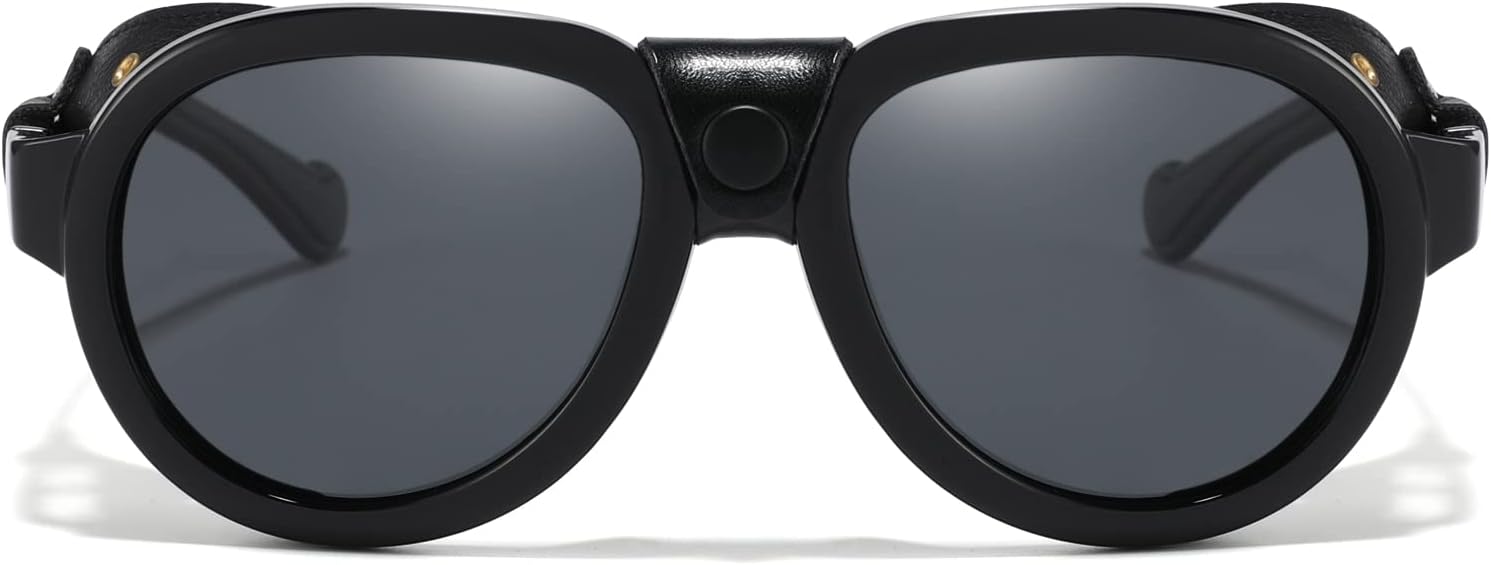 Skiennix Retro Aviator Steampunk Sunglasses - Polarized Vintage Goggles with Leather Side Shields for Men & Women