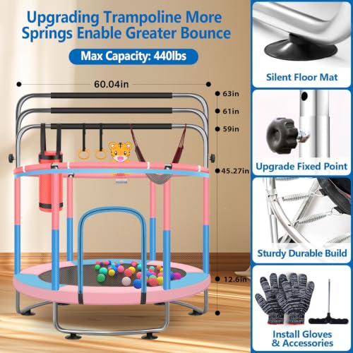 Pink 5FT Kids Trampoline with Safety Net & Adjustable Gymnastics Bar - Indoor & Outdoor Toddler Jumping Toy