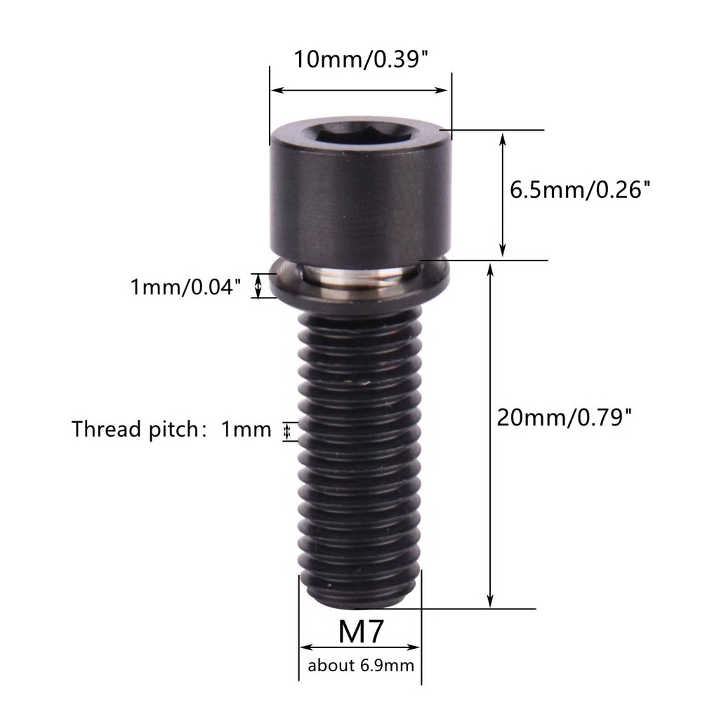 UHDFBDHF Titanium Screw M7x20mm Bolt with Washer Allen Hex Cylindrical Head Bolts for Bicycle Stem Pack of 6 (Black)