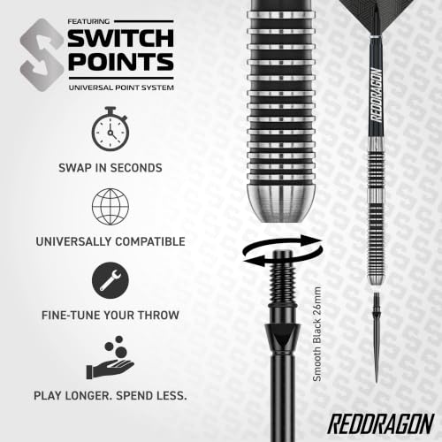 Red Dragon Pegasus Switch Points Darts Set - 23G Black, Tungsten, Professional Steel Tip