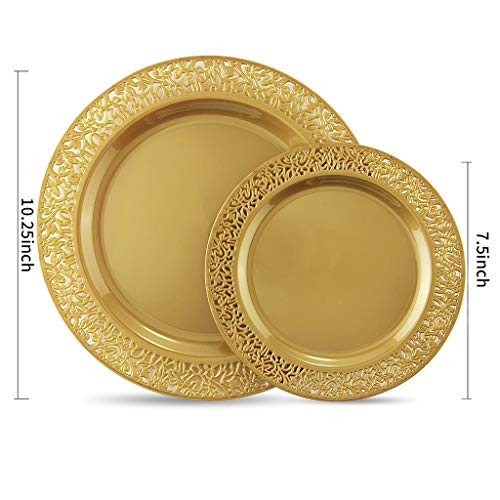 102 pcs Brown Gold Plastic Plates Set - Lace Design Disposable Dinner & Salad Plates - Solid Gold Variation