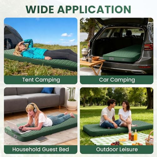 Self Inflating Sleeping Pad with Electric Pump - 4 Inch Ultra Thick Memory Foam Tent Mattress - Green, Single Size