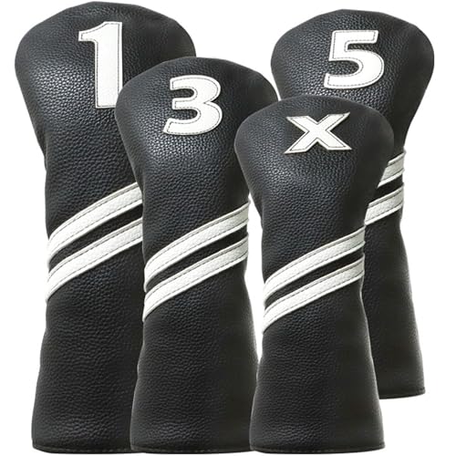 Golf Club Covers - 4PCS Black for Woods, Driver, Hybrids - PU Leather