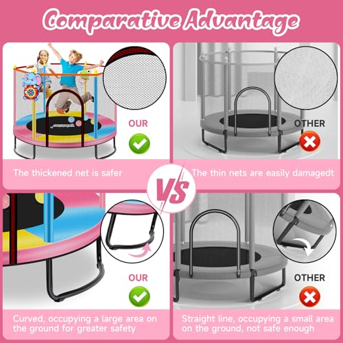 LASTJUMPER Mini Toddler Trampoline 2-10 Years with Safety Enclosure & Basketball, Blue+Yellow+Pink