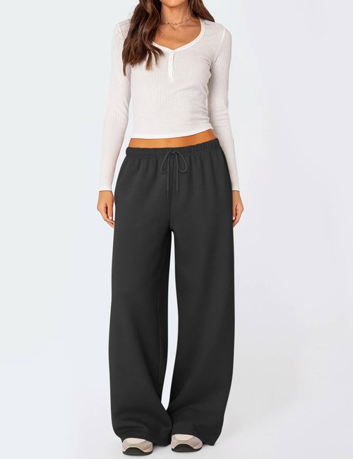 HeSaYep Women's Wide Leg Sweatpants Baggy Fleece Lined High Waisted Sweat Pants Straight Leg Casual Drawstring Pants with Pockets Black M