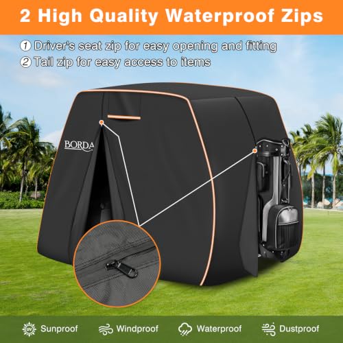 Heavy Duty Golf Cart Cover for 2/4/6 Passengers with Orange Reflective Strips - Universal Fit, Water-Resistant