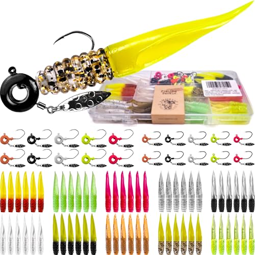 80 Pcs Crappie Jig Heads with Spinner & Ripple Tail Grubs - Scent Holder