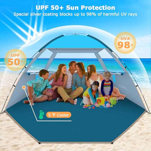 COMMOUDS Blue 6-Person Beach Tent Sun Shelter UPF 50+ UV Protection Lightweight