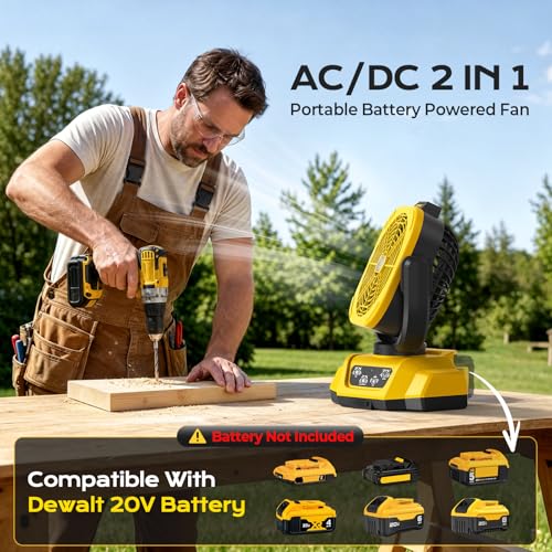 Poxsmuly Yellow Portable Dewalt 20V Max Battery Fan with USB & LED Light - 4 Speeds