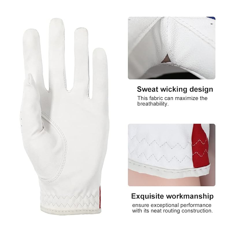 Golf Gloves for Men and Women Left Hand for Right-Handed Golfers – American Flag Pattern, Synthetic Leather, Lycra, Adjustable Closure | Medium+Men
