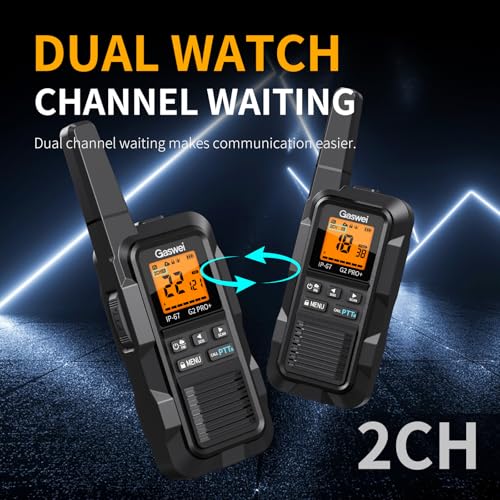 Gaswei G2Pro+ 2-Pack Heavy Duty Waterproof Walkie Talkies with NOAA Weather, FM Radio, VOX, Long Range, 2W, Rechargeable