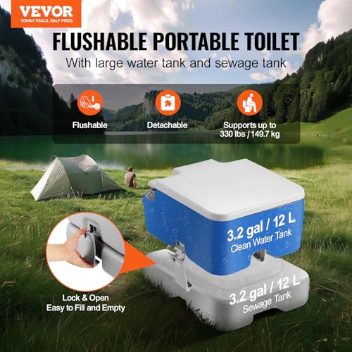 VEVOR Portable Camping Toilet with 3.2 Gal Waste & Flush Tanks, Pressurized Flush, Level Indicator