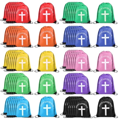 Multicolor Jesus Loves You Drawstring Backpack Bulk 100 Pcs Christian Religious Gift Bag