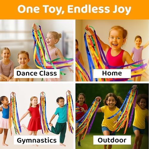 GSi Multicolor Ribbon Wands - Pack of 6 Dance Streamers with 9" Sticks & 1m Ribbons for Kids' Gymnastics & Parties