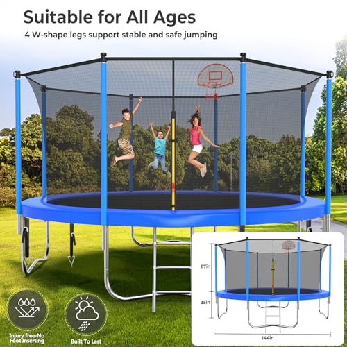 Lyromix 12ft Cobalt Blue Outdoor Trampoline with Lights, Sprinkler & Basketball Hoop