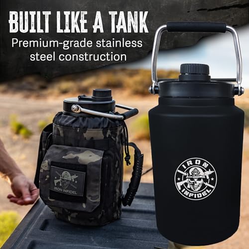 Iron Infidel 128oz Insulated Water Bottle with Camo Sleeve & Dual Handles - Tactical Hydration Jug