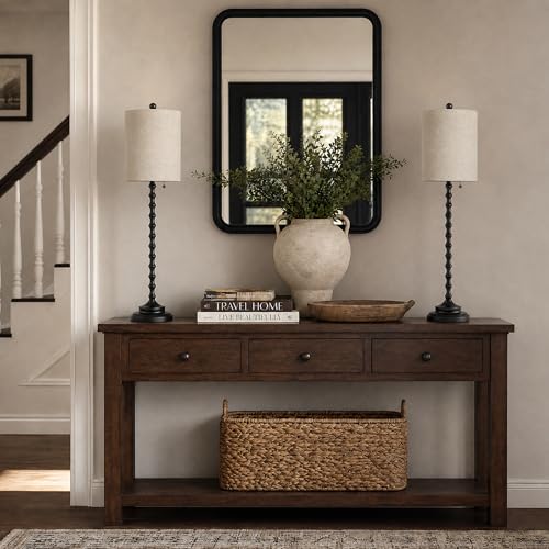 Lampworks Black Buffet Lamps Set of 2, 30-Inch Tall Table Lamps with Linen Shades & Pull Chain Switch