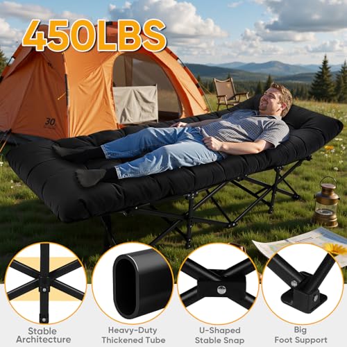 Black Camping Cot with Thick Mattress - Portable Foldable Sleeping Bed for Outdoor & Home