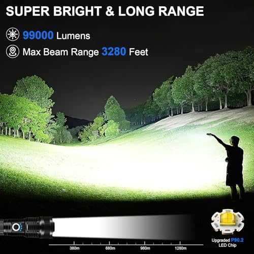 Rechargeable LED Flashlight 99000 Lumens Waterproof Handheld Camping Light with 5 Modes & USB-C