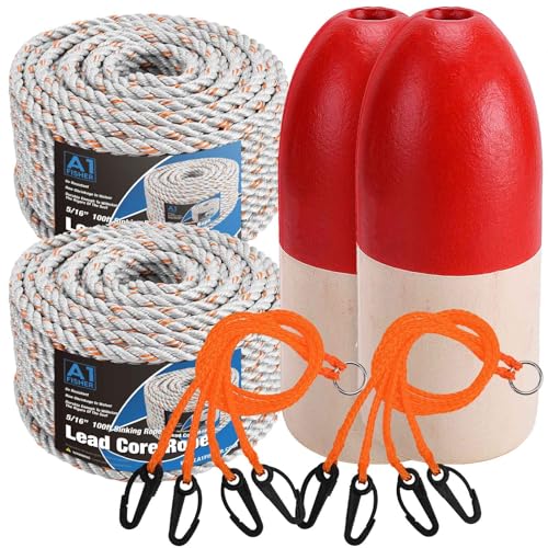 Crab Trap Float and Leaded Core Rope Set - 5/16" Diameter, 100Ft, Red & White Buoy with Harness