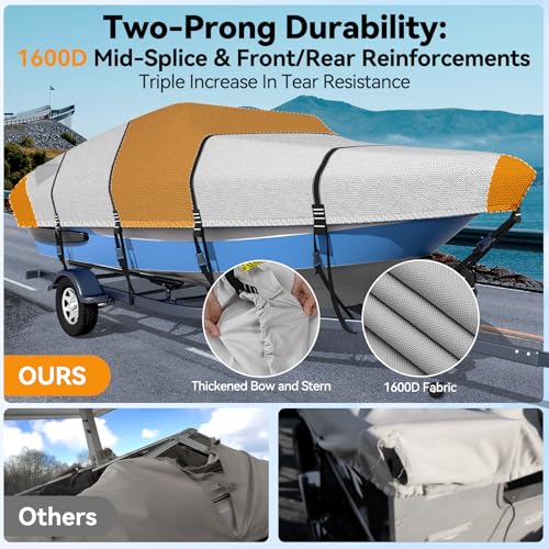 Tuszom Gray 14'-16' V-Hull Boat Cover with 2-Inch Reinforced Tie-Down Loops, Waterproof