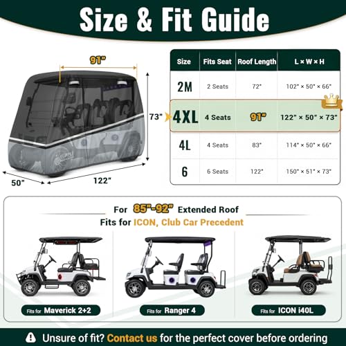 Golf Cart Cover 4-Seat XL 90" for Extended Roofs Waterproof Windproof Heavy Duty