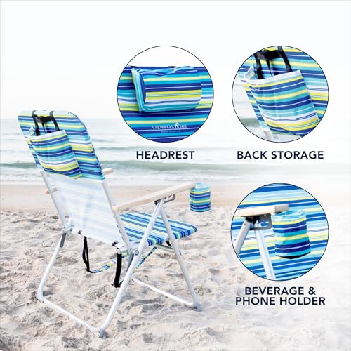 Caribbean Joe Blue Lime Stripe Folding Beach Chair 4-Position Reclining, 300lbs Capacity, Headrest & Cup Holder