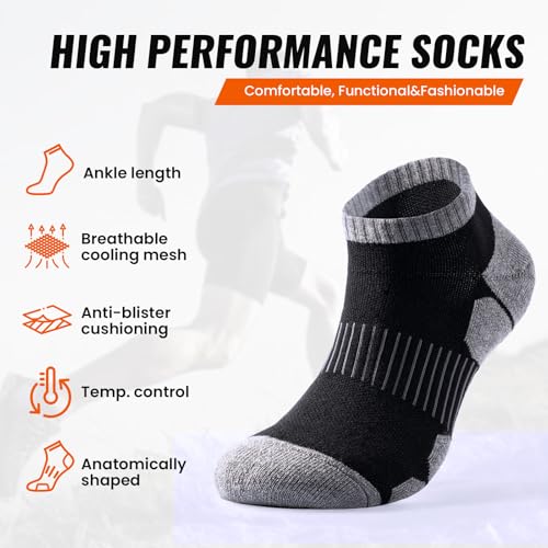 Men's Merino Wool Ankle Running Socks - Black & Grey, Medium, Compression Support
