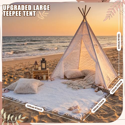Beeveer White 47"x51" Lace Teepee Tent & Extra Large Boho Picnic Blanket 91"x72"