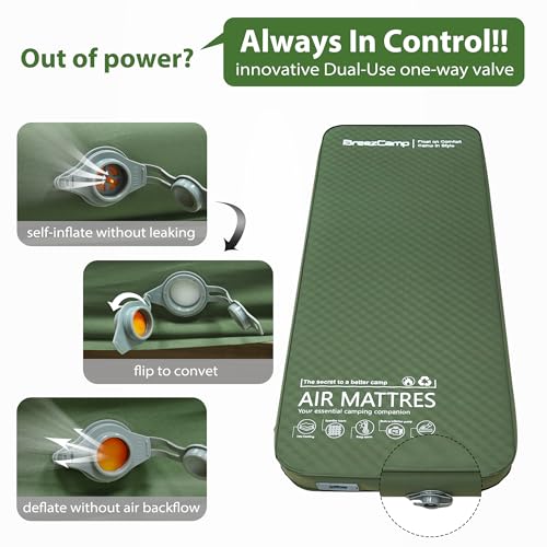 BreezCamp Green Self-Inflating Memory Foam Sleeping Pad with Electric Pump, 4-Inch Thick, All-Season Camping Mattress