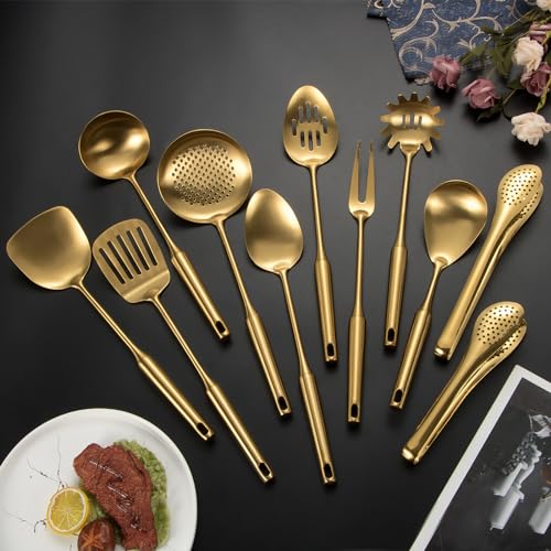 11-Piece Stainless Steel Kitchen Utensil Set with Gold Finish - Dishwasher Safe