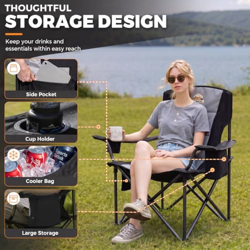 Oversized Heavy Duty Camping Chair for Adults Black - 450 lb Support, Foldable & Padded, with Cooler & Cup Holder - Variation: Black / Single Pack