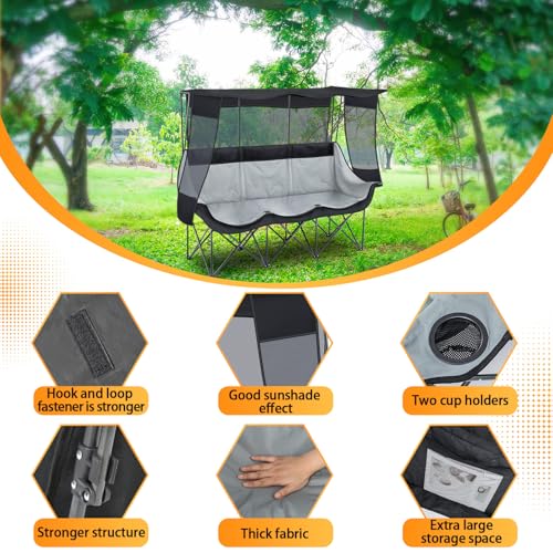 Teenyyou 3-Person Camping Chair with Canopy - Heavy Duty Black, Supports 700lbs