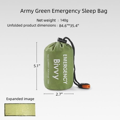 Emergency Sleeping Bag, 2 Pack Portable Thermal Bivy Sack, Waterproof Lightweight Emergency Blanket Survival Gear with Compass and Whistle for Camping Hiking Outdoor Adventure (Green, 2 Packs)