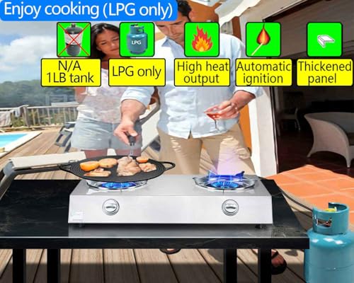 Horynar Silver Propane Stove 2 Burner Auto Ignition 26000 BTU Outdoor Gas Cooker
