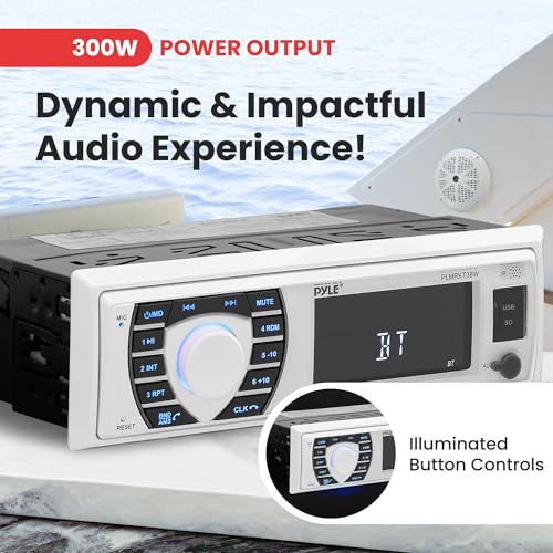 Pyle Marine Bluetooth Radio Receiver & Waterproof Boat Speaker Set - 12V Single DIN