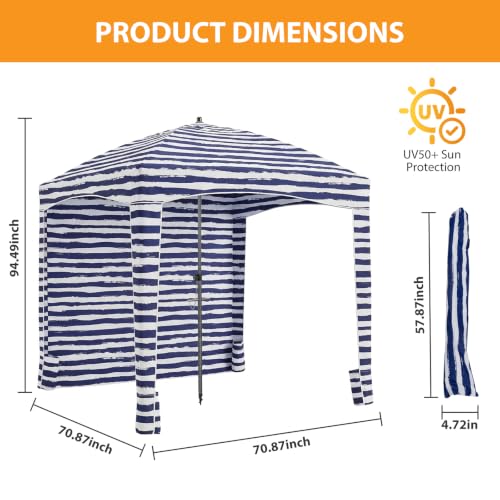 Dark Blue Stripes Beach Tent 6.5x6.5 ft Canopy Sun Shelter with Side Wall