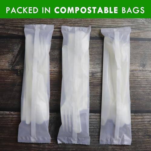 Heavy Duty Compostable Cutlery Kit - 200 Sets BPI Certified Eco-Friendly Utensils with Napkins & Bags