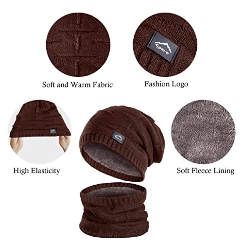 Unisex Winter Beanie Hat Scarf Gloves Set - Brown Knit Slouchy Ski Cap with Fleece Lined Neck Warmer
