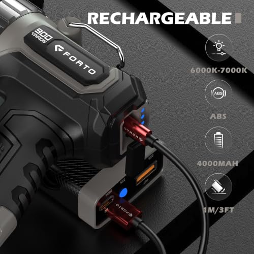 FORTO Brown Pro Handheld Spotlight with 3-Color Lens, 1400 Lumens, 2700Ft Range, Rechargeable, Focus & Light Modes